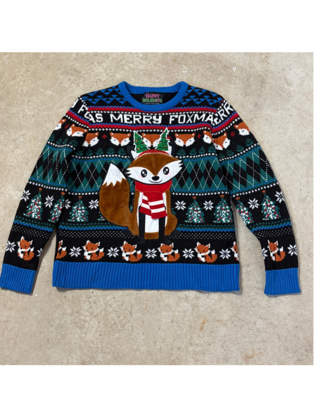 Happy Holidays Fox Christmas Sweater Large Cute Fox Fair Isle Ugly Christmas
